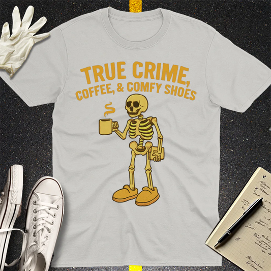 True Crime & Coffee Skeleton T-Shirt - Ice Grey