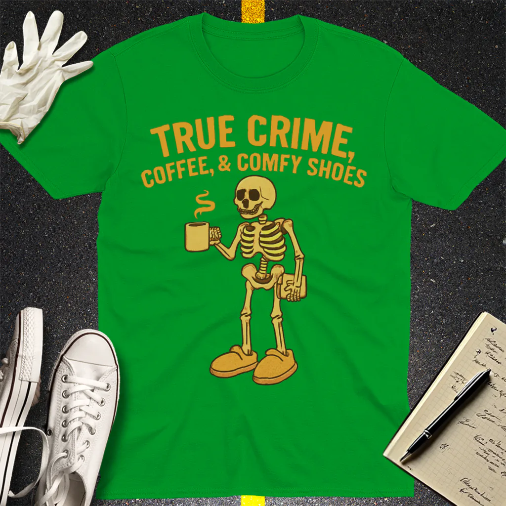 True Crime & Coffee Skeleton T-Shirt - Irish Green