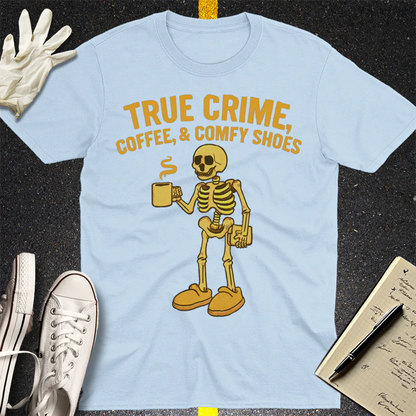 True Crime & Coffee Skeleton T-Shirt - Light Blue