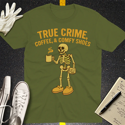 True Crime & Coffee Skeleton T-Shirt - Military Green