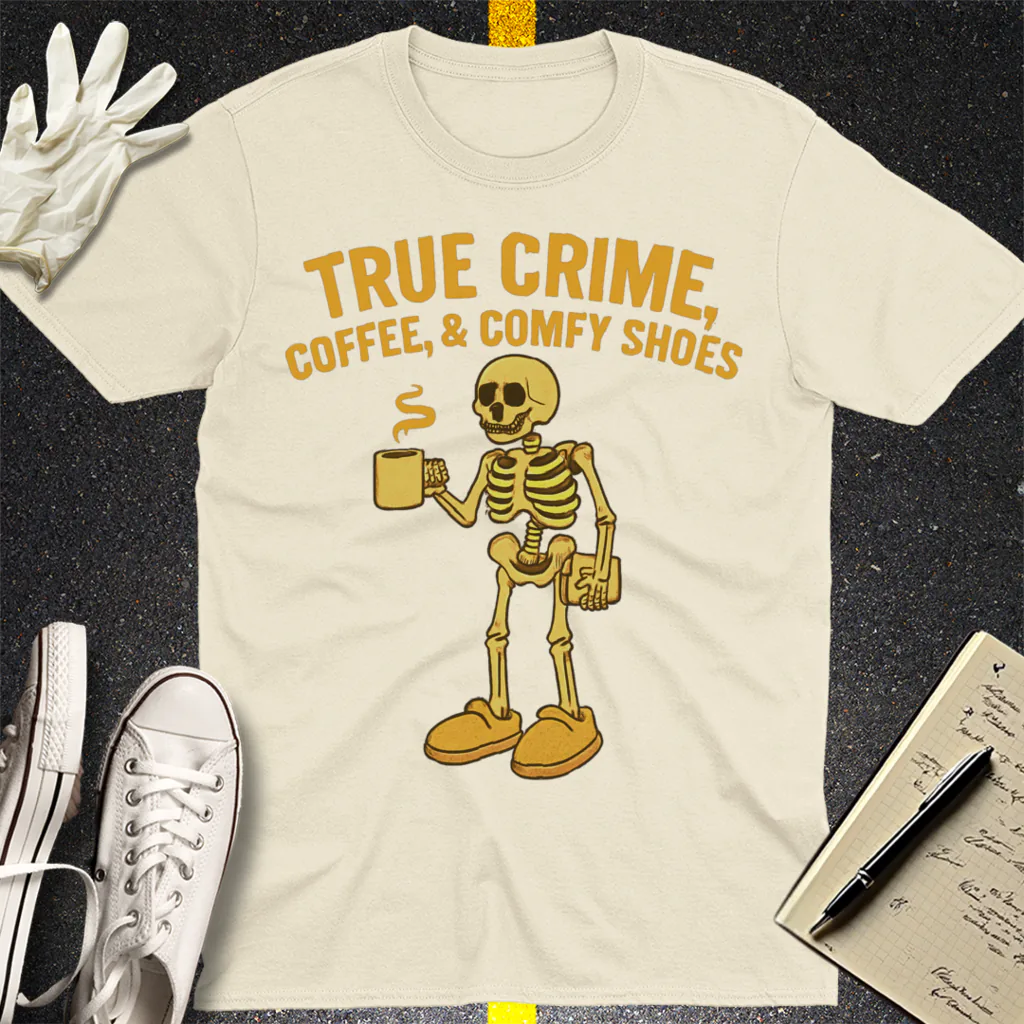 True Crime & Coffee Skeleton T-Shirt - Natural