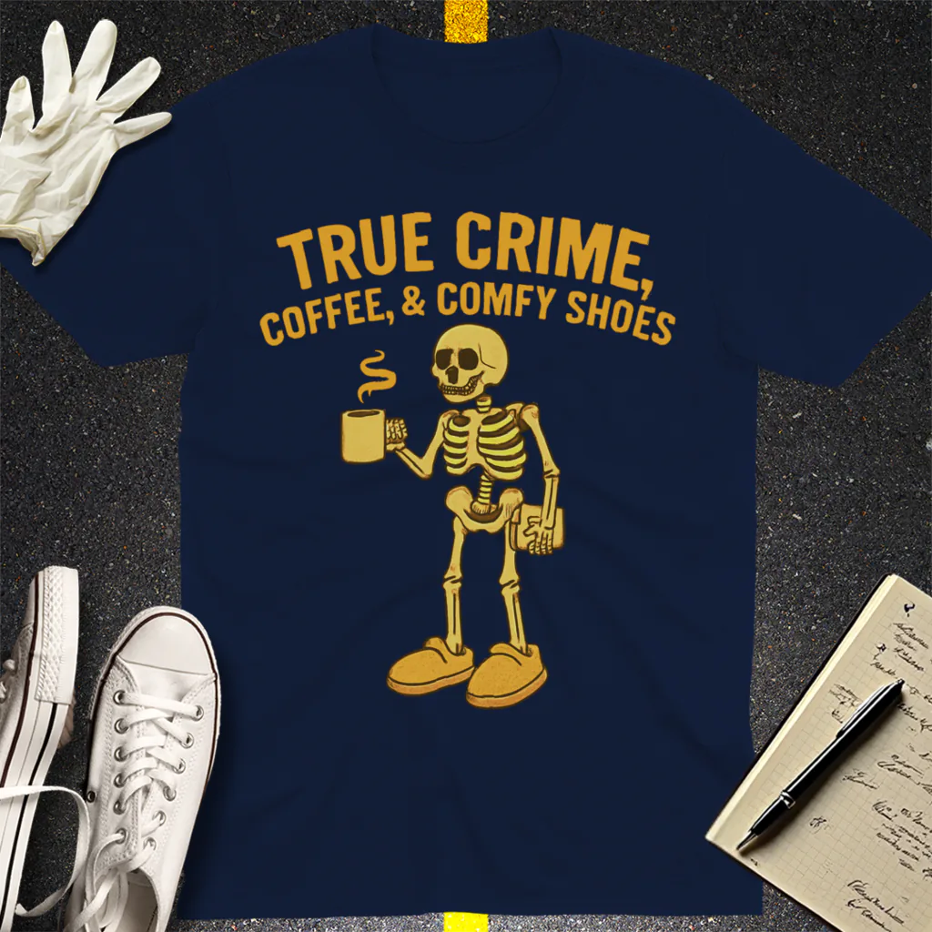 True Crime & Coffee Skeleton T-Shirt - Navy