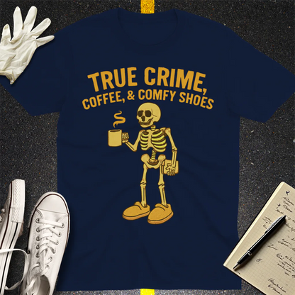 True Crime & Coffee Skeleton T-Shirt - Navy