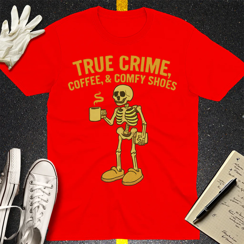 True Crime & Coffee Skeleton T-Shirt - Red