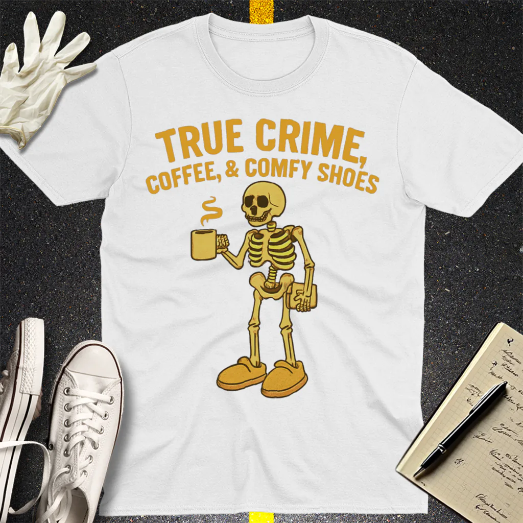 True Crime & Coffee Skeleton T-Shirt - White