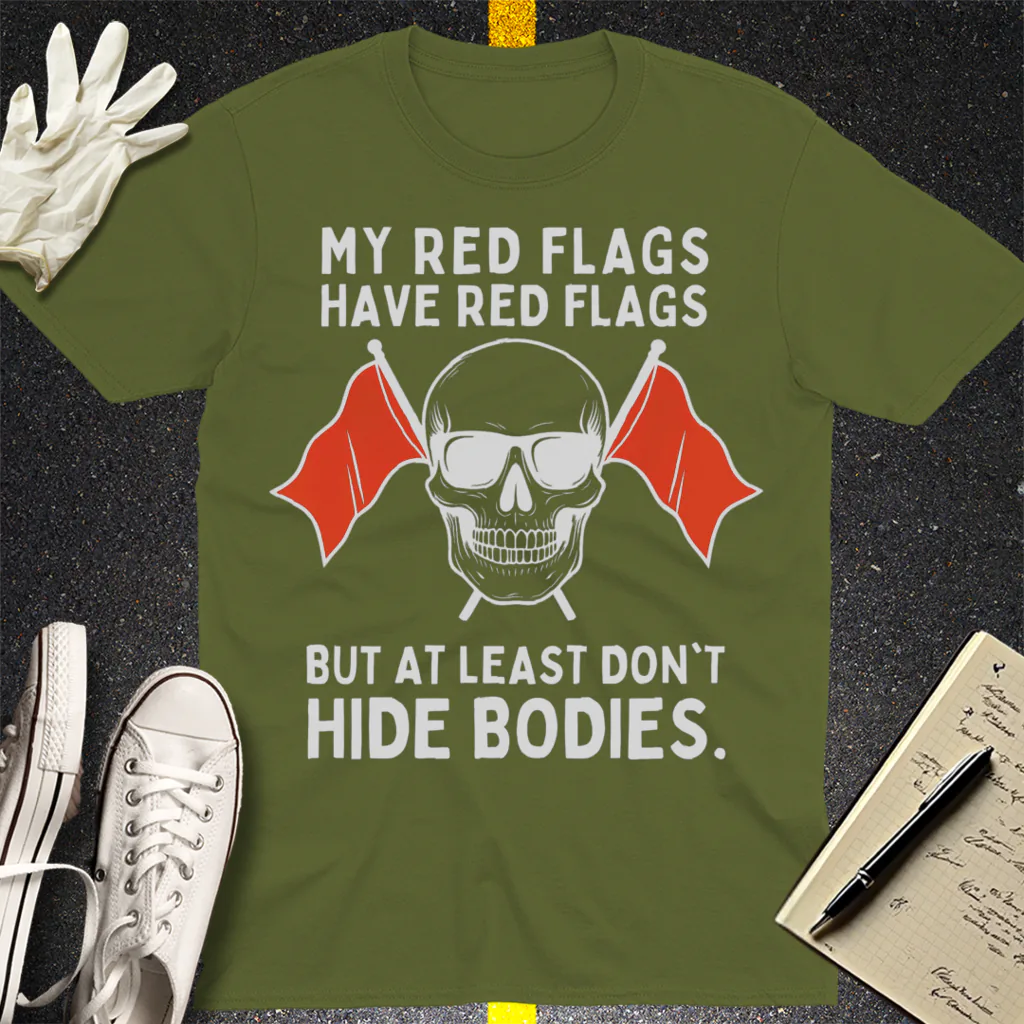 Red Flags Skull T-Shirt - Military Green