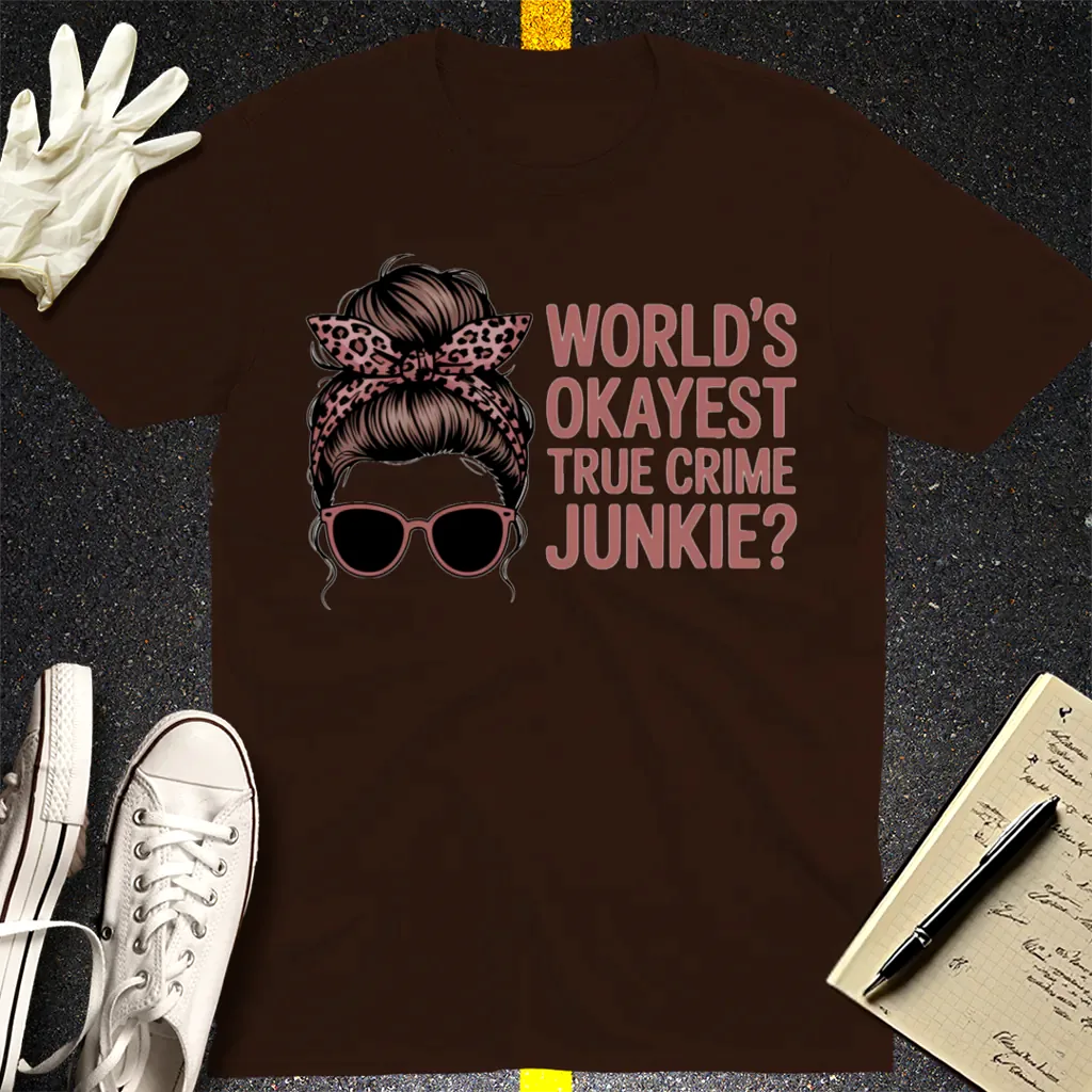 World's Okayest True Crime Junkie T-Shirt - Dark Chocolate