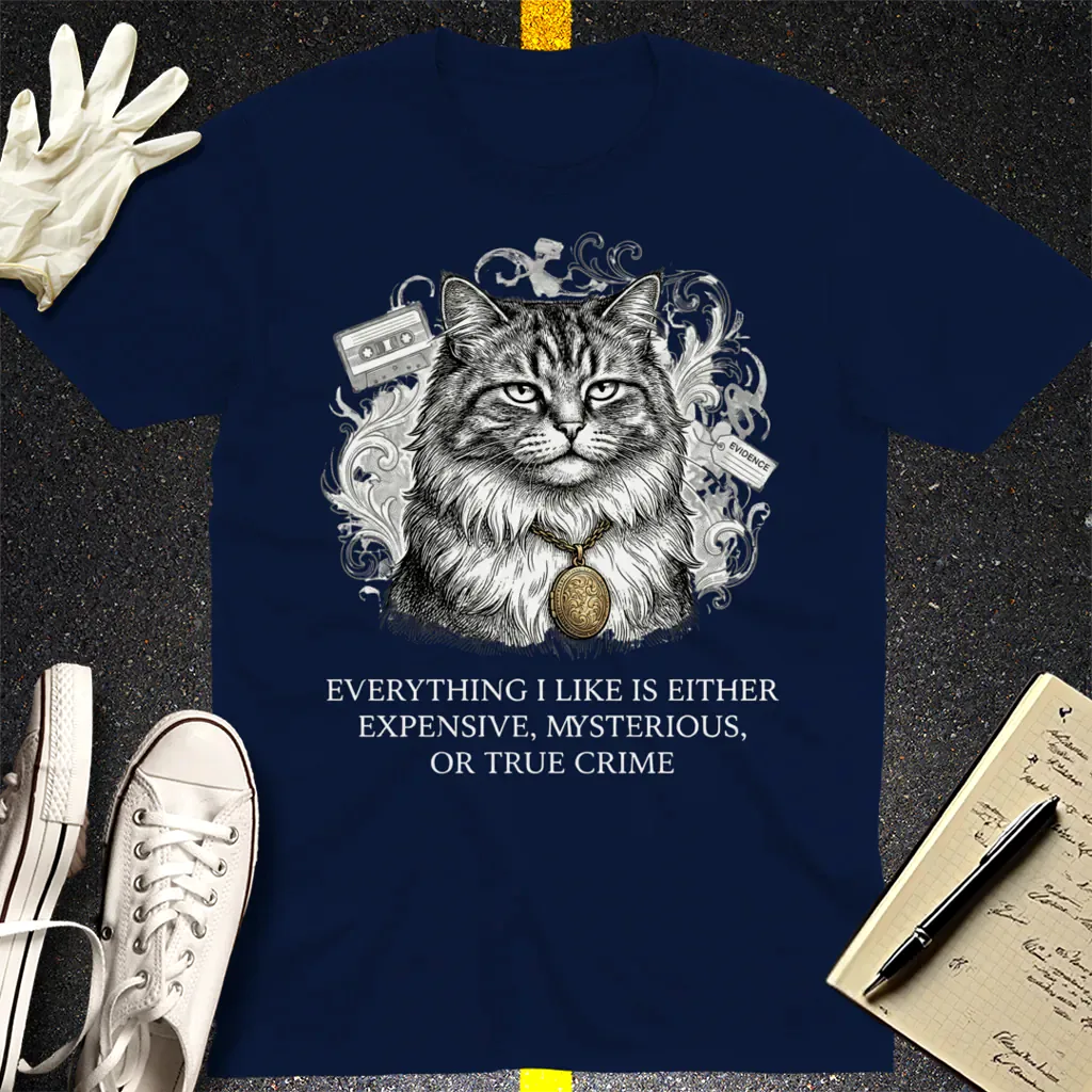 Expensive Mysterious True Crime Cat T-Shirt - Navy