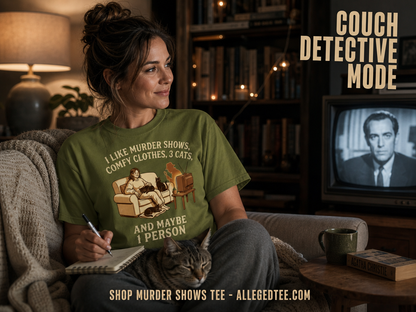 Murder Shows, Cats & Cozy Vibes T-Shirt_contextual