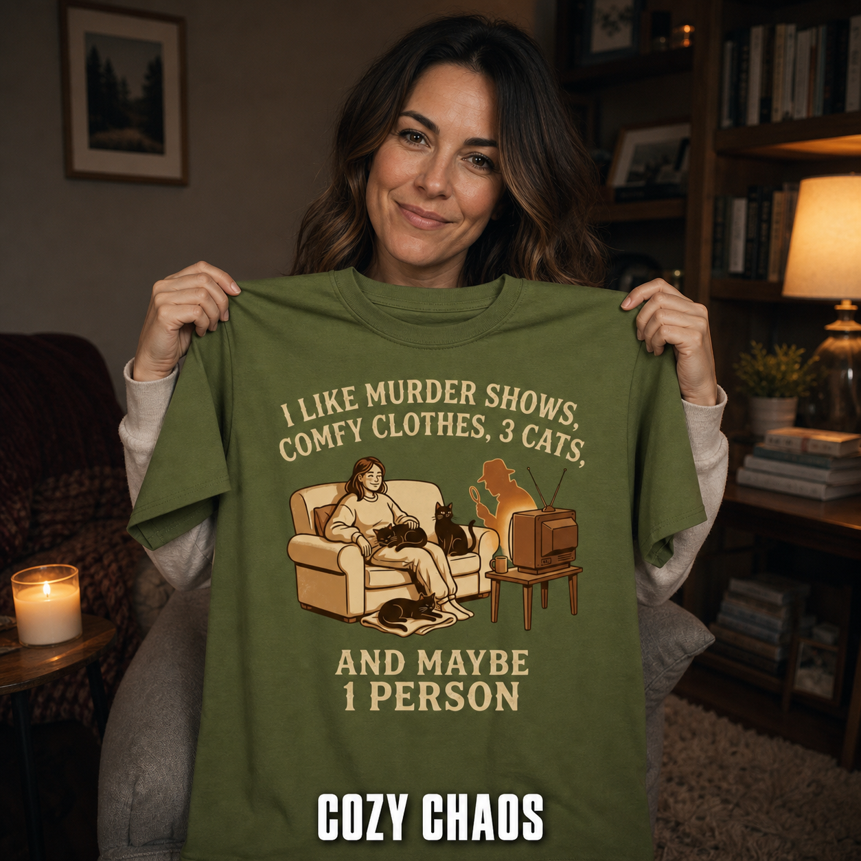 Murder Shows, Cats & Cozy Vibes T-Shirt_ugc_holdup