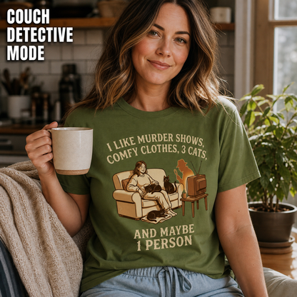 Murder Shows, Cats & Cozy Vibes T-Shirt_ls_indoor