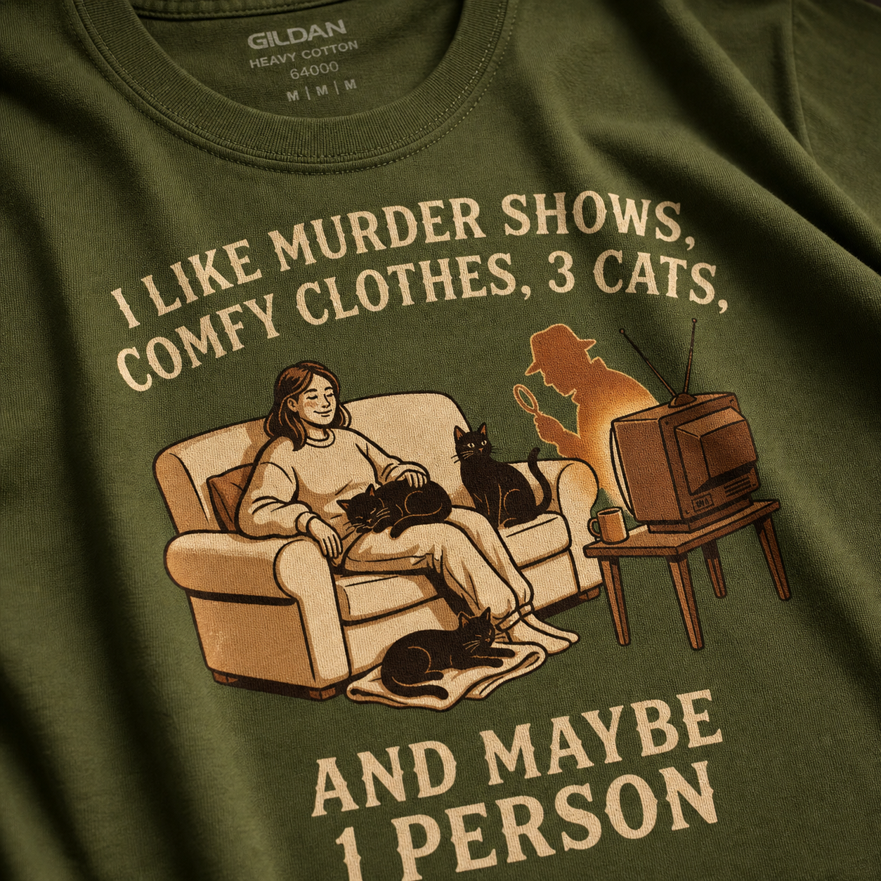 Murder Shows, Cats & Cozy Vibes T-Shirt_macro_detail