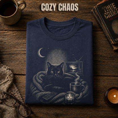Comfy Cat, Coffee, & Murder Shows T-Shirt_folded_flatlay