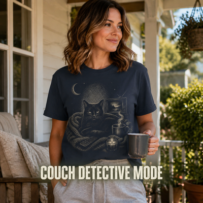 Comfy Cat, Coffee, & Murder Shows T-Shirt_active_outdoor