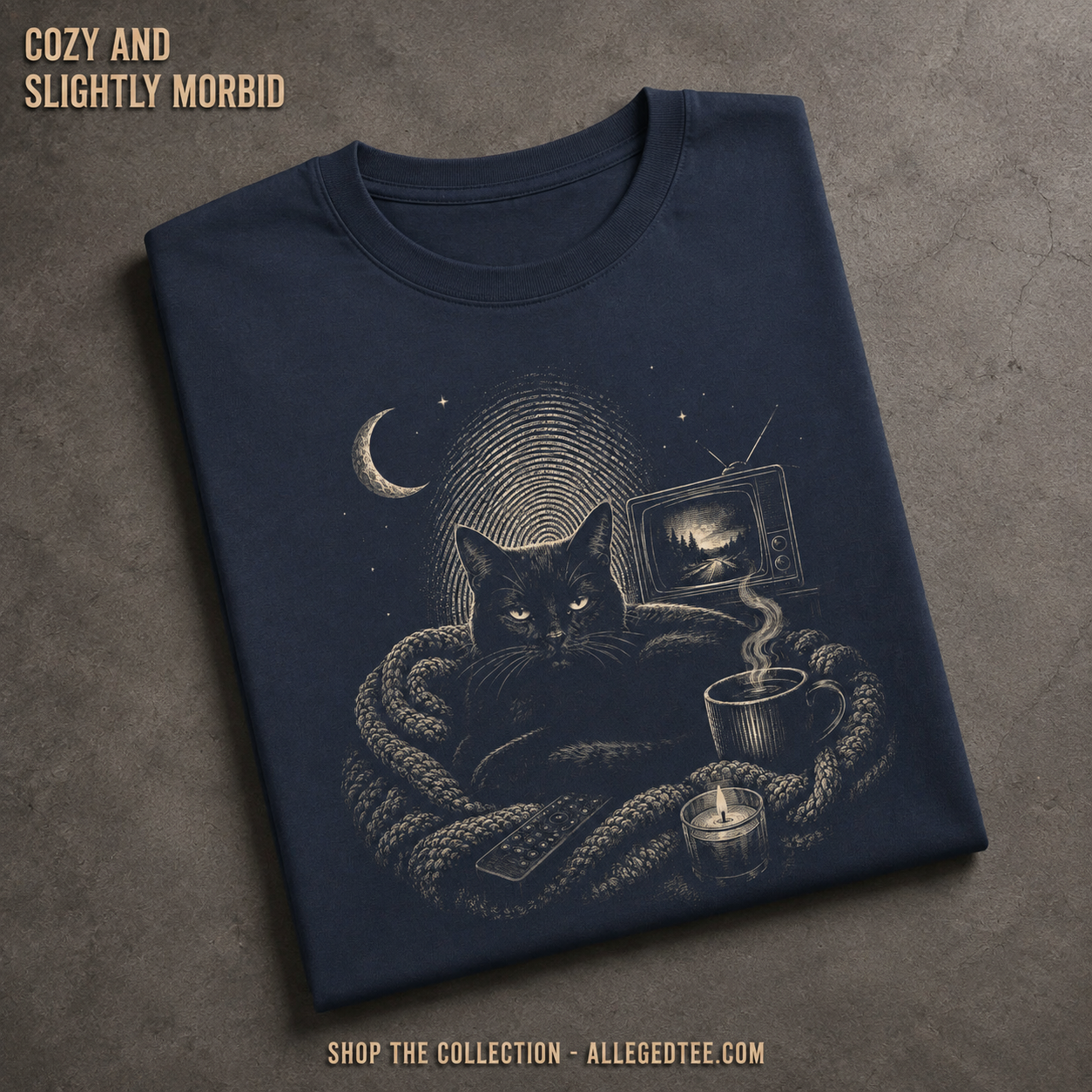 Comfy Cat, Coffee, & Murder Shows T-Shirt_fold_tilt
