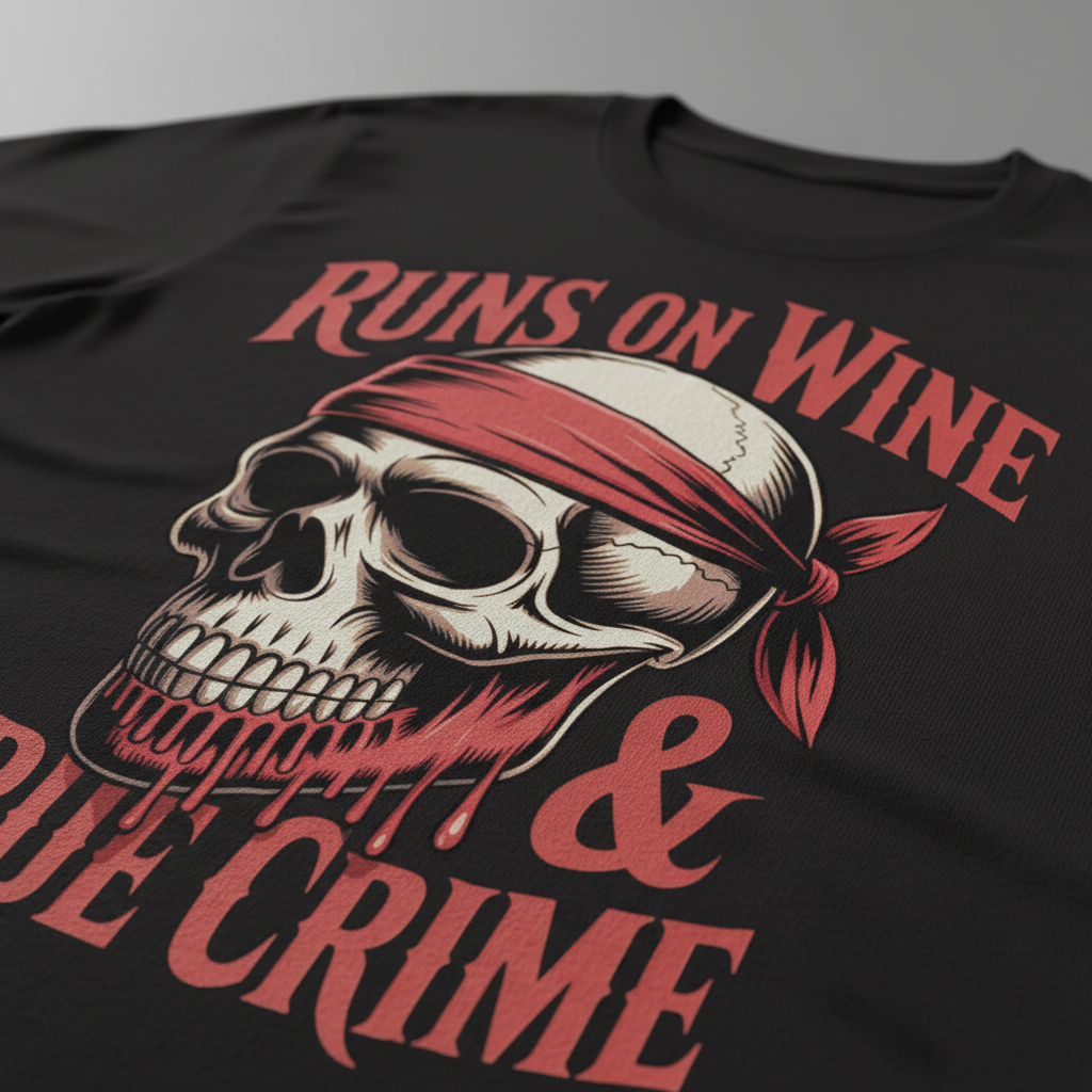 Runs on Wine & True Crime T-Shirt_closeup