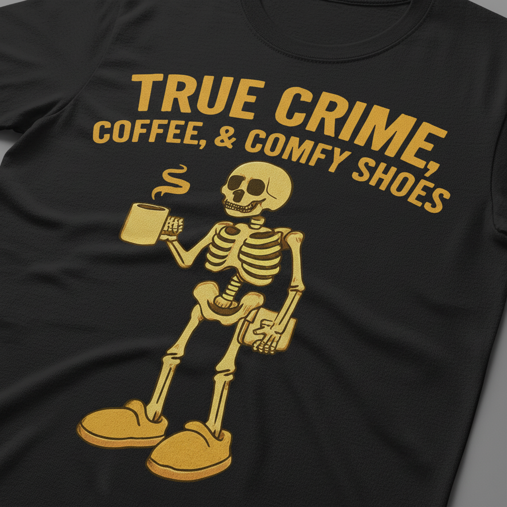 True Crime & Coffee Skeleton T-Shirt_closeup