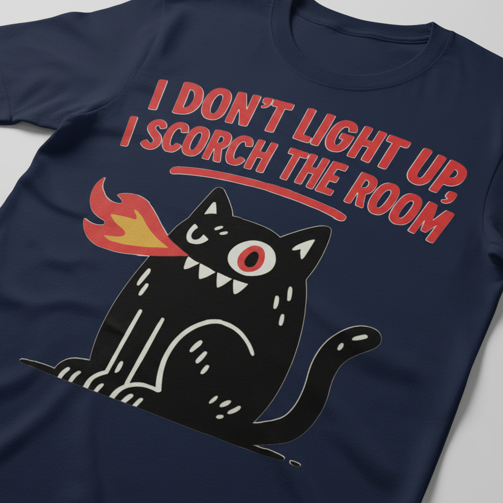 Scorch the Room Cat T-Shirt_closeup