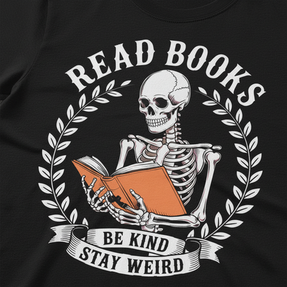 Read Books Stay Weird T-Shirt_closeup