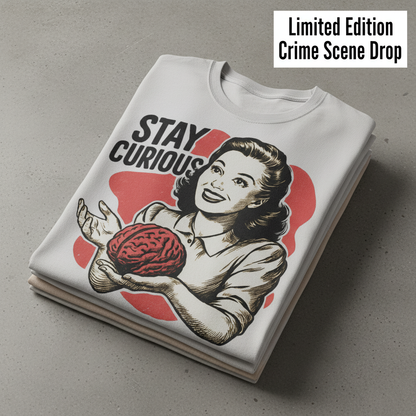 Stay Curious Retro Brain T-Shirt_stacked_flatlay