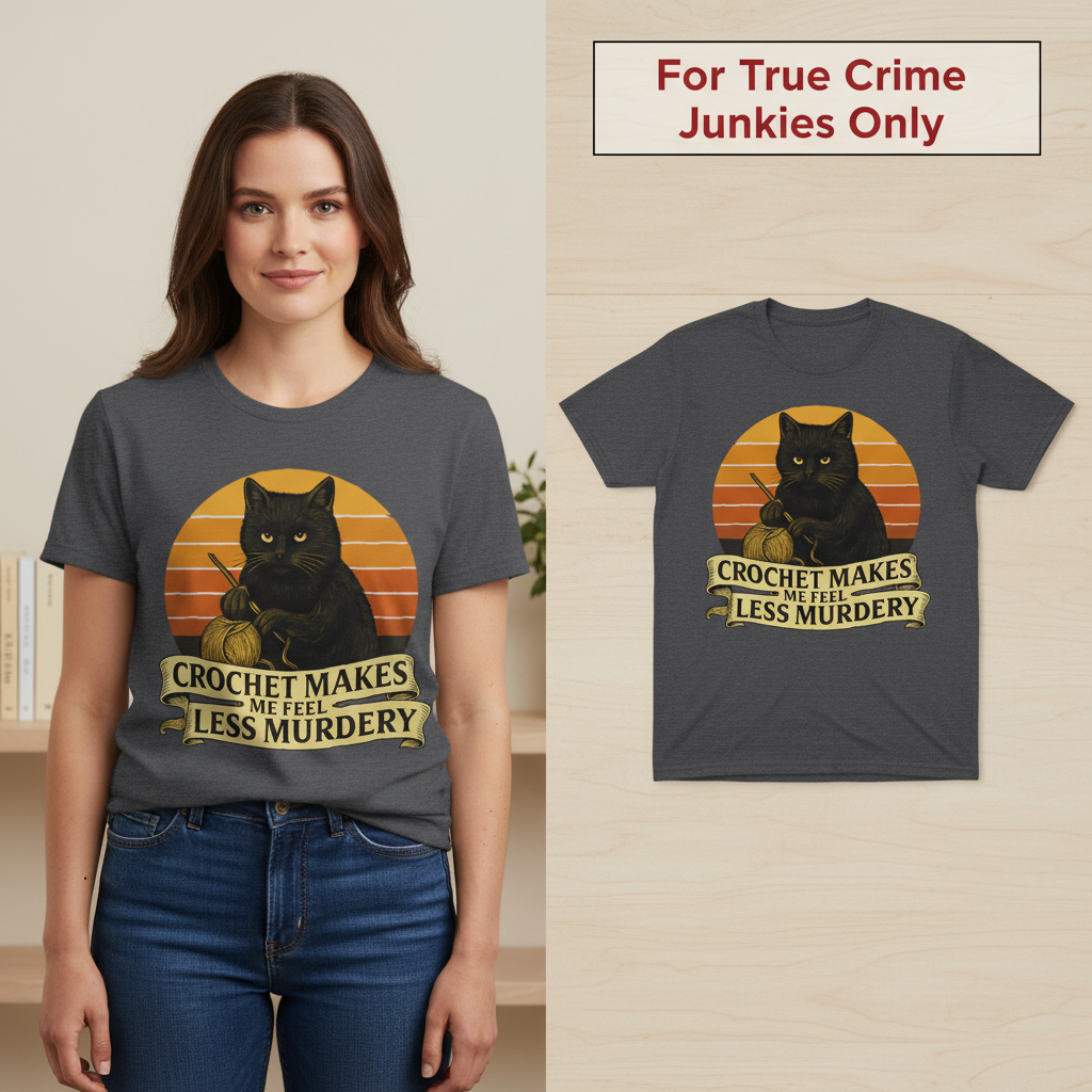 Less Murdery Crochet Cat T-Shirt_model_flat