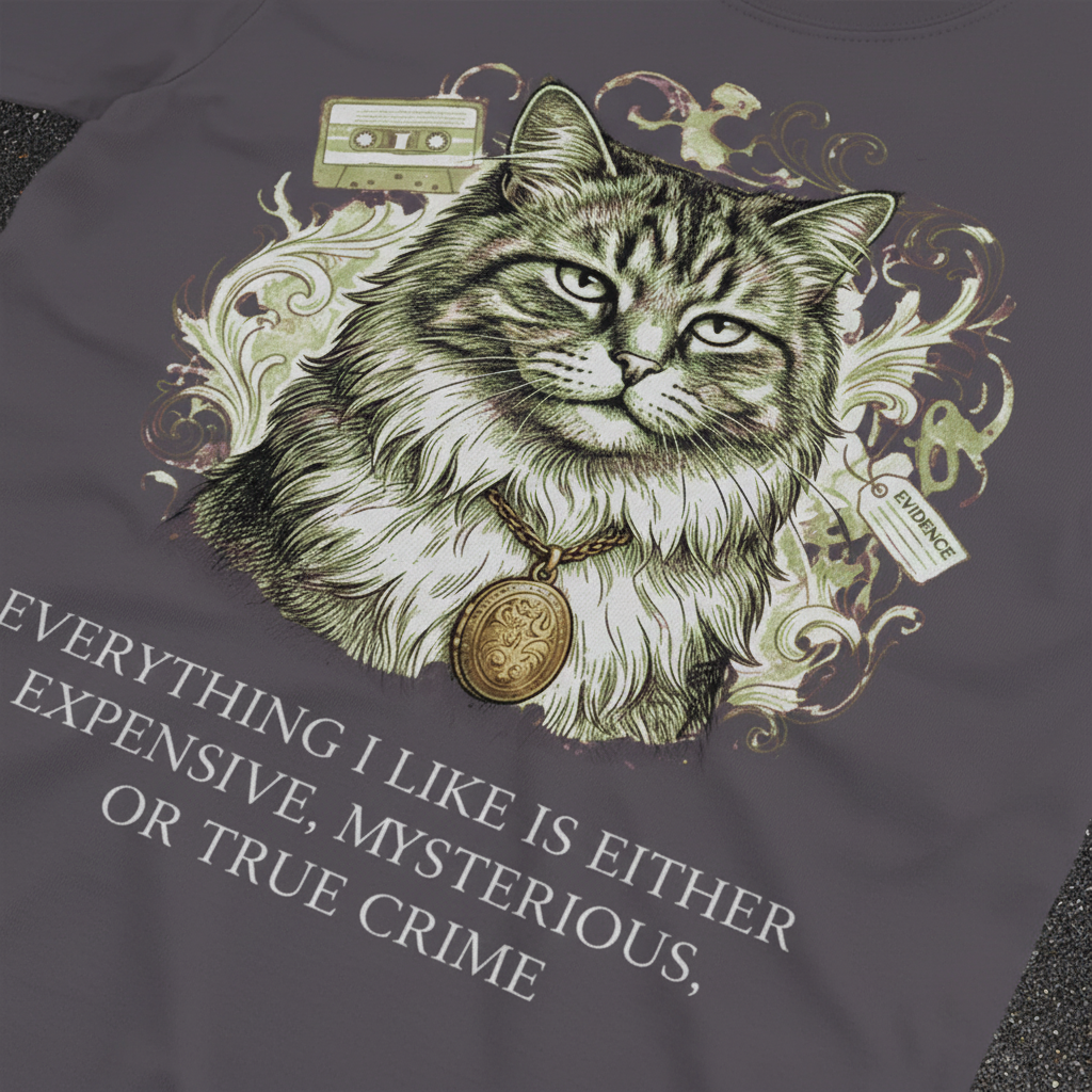 Expensive Mysterious True Crime Cat T-Shirt__detail
