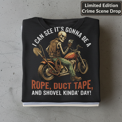 Biker Rope, Duct Tape & Shovel T-Shirt_stacked_flatlay