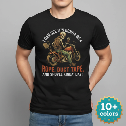 Biker Rope, Duct Tape & Shovel T-Shirt_badge