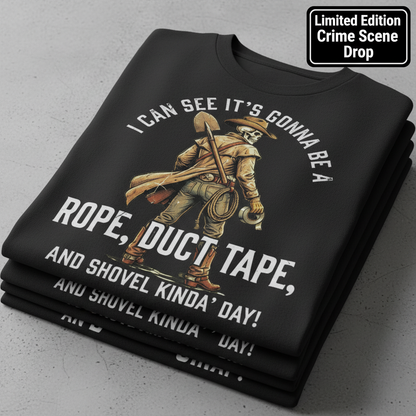 Rope, Duct Tape, and Shovel T-Shirt_stacked_flatlay