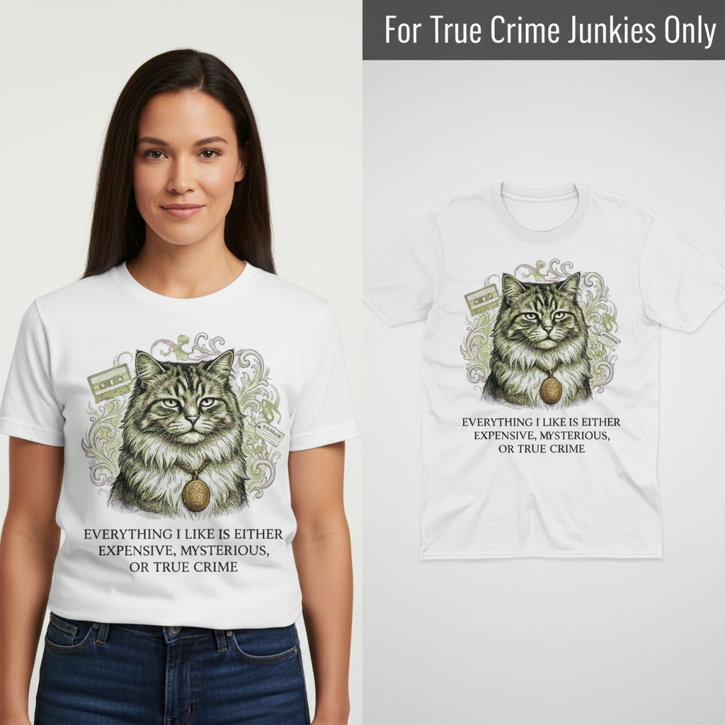 Expensive Mysterious True Crime Cat T-Shirt_model_flat