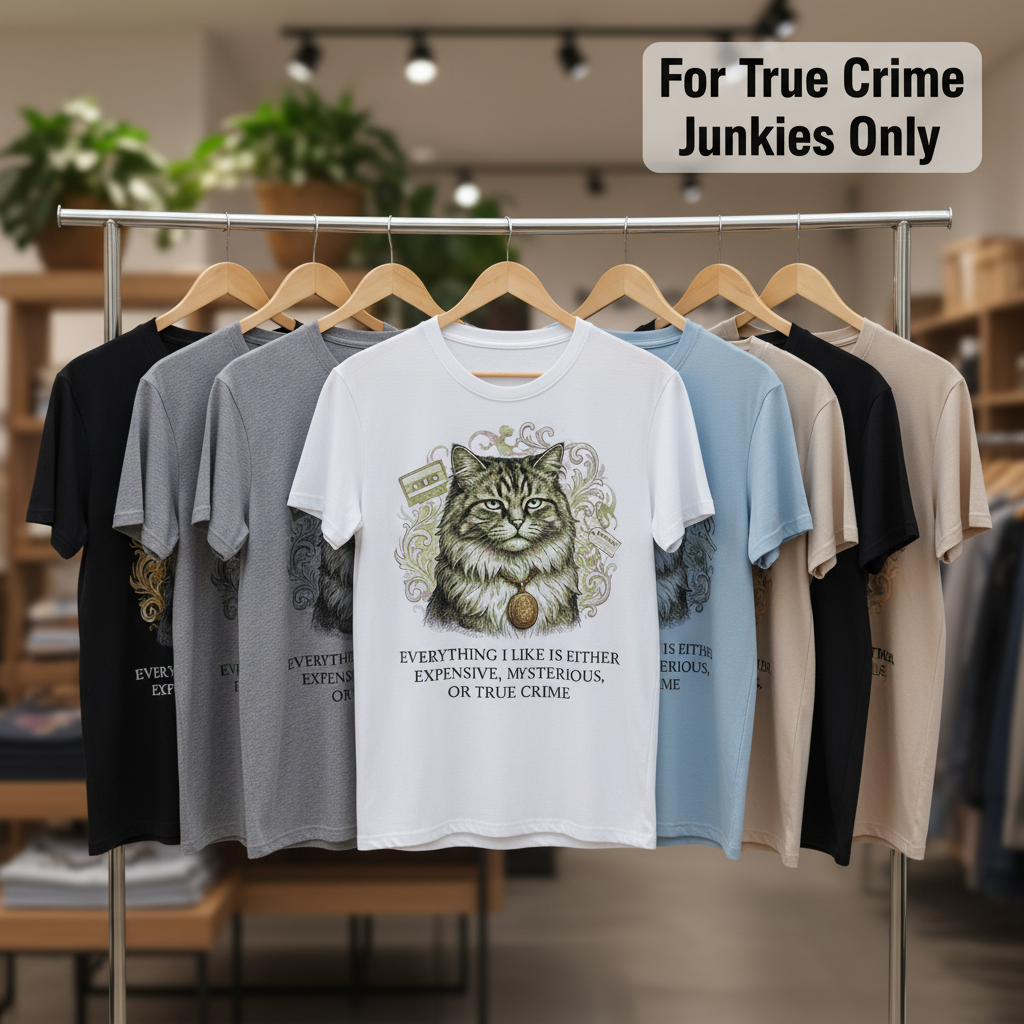 Expensive Mysterious True Crime Cat T-Shirt_boutique_rack