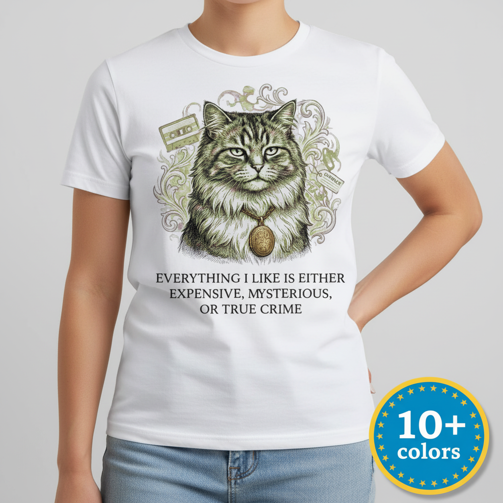 Expensive Mysterious True Crime Cat T-Shirt_badge