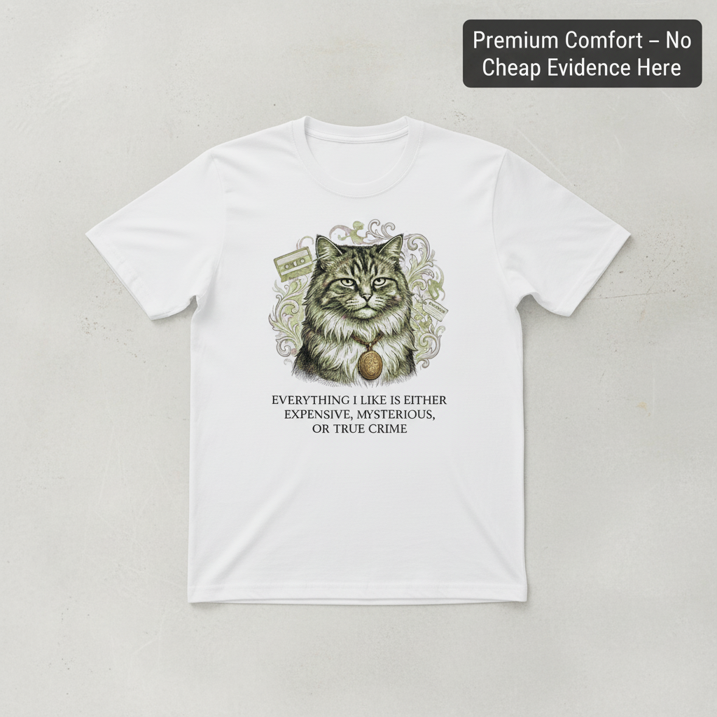 Expensive Mysterious True Crime Cat T-Shirt_clean