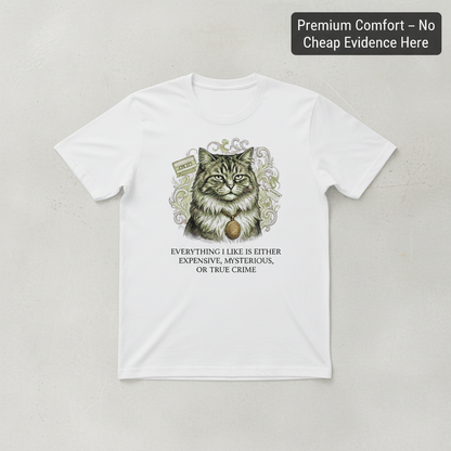 Expensive Mysterious True Crime Cat T-Shirt_clean