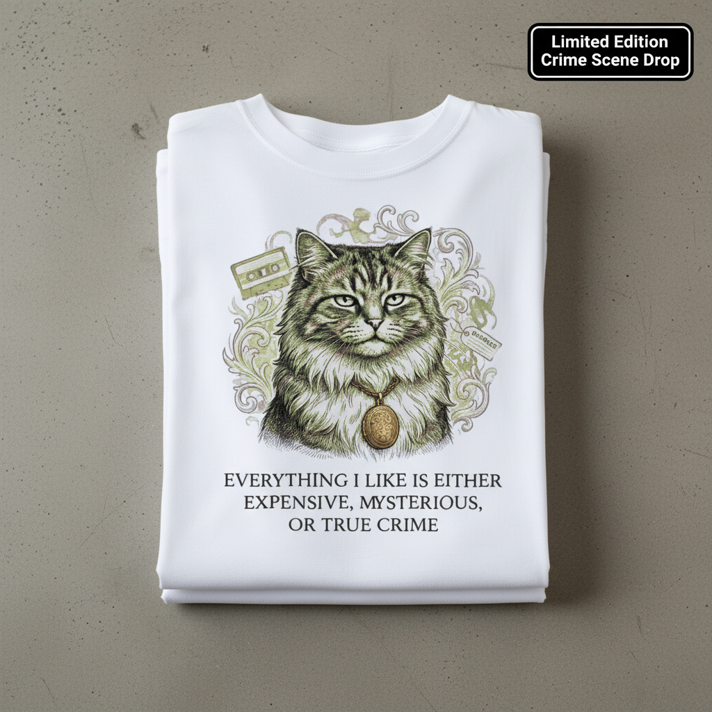 Expensive Mysterious True Crime Cat T-Shirt_stacked_flatlay