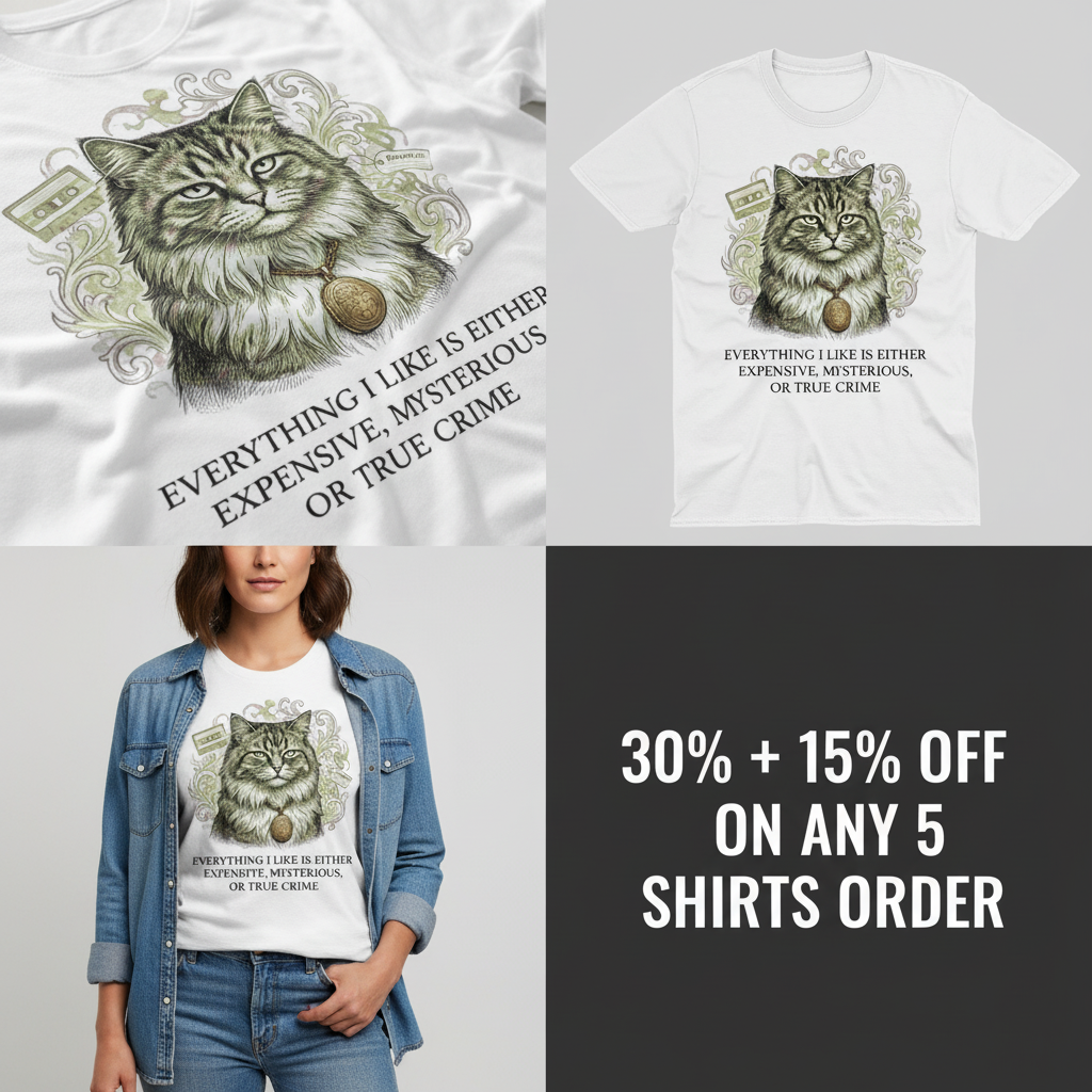 Expensive Mysterious True Crime Cat T-Shirt_4_panel