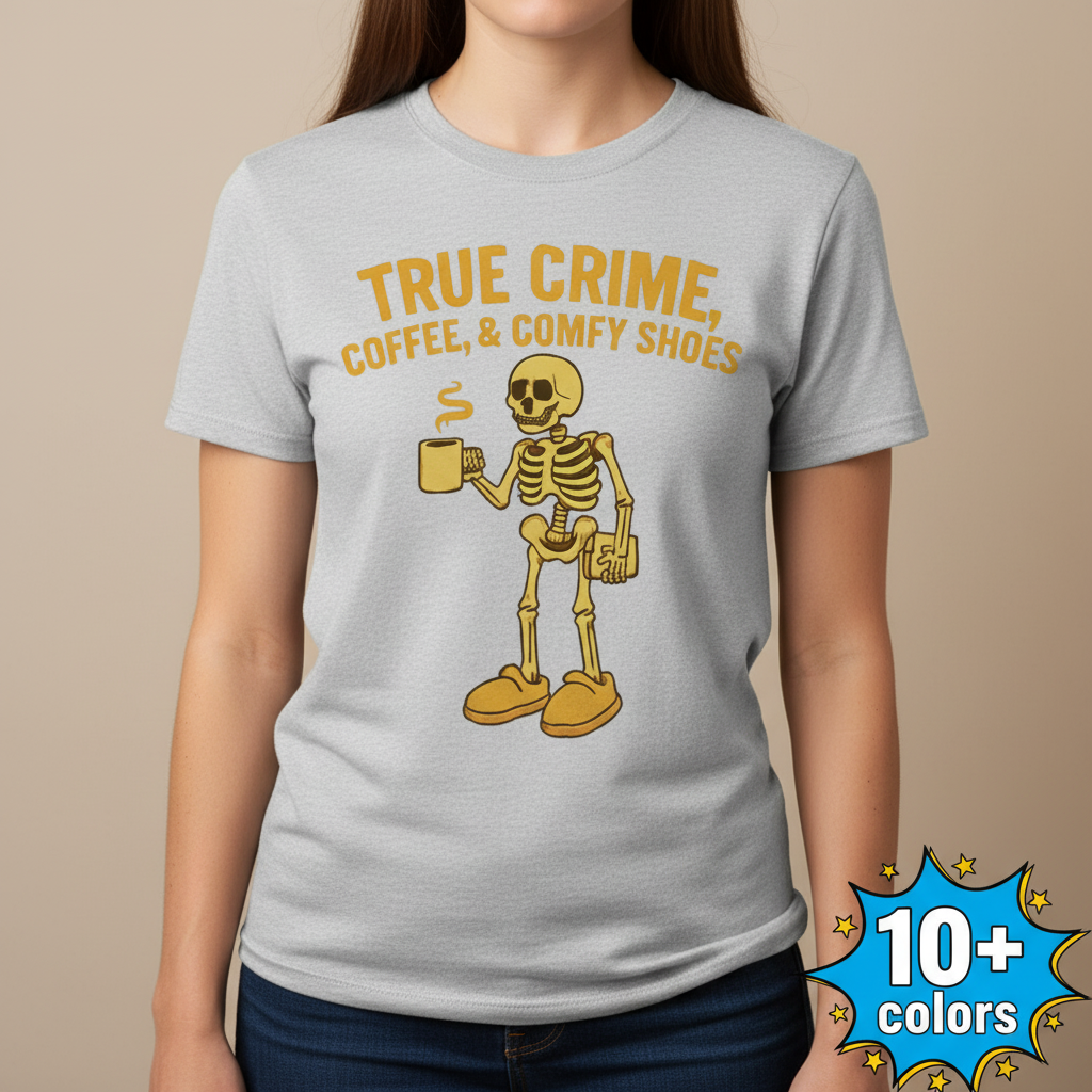 True Crime & Coffee Skeleton T-Shirt_badge