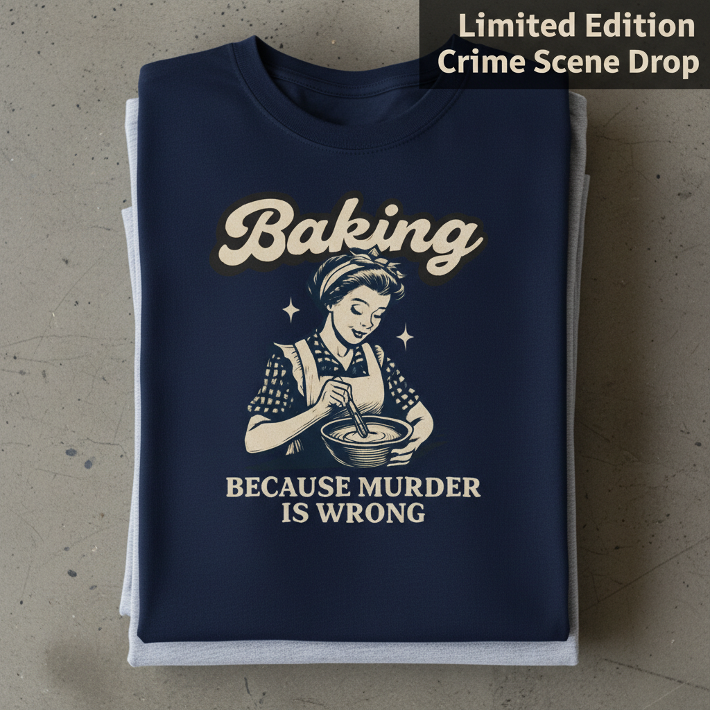 Baking Because Murder Is Wrong T-Shirt_stacked_flatlay