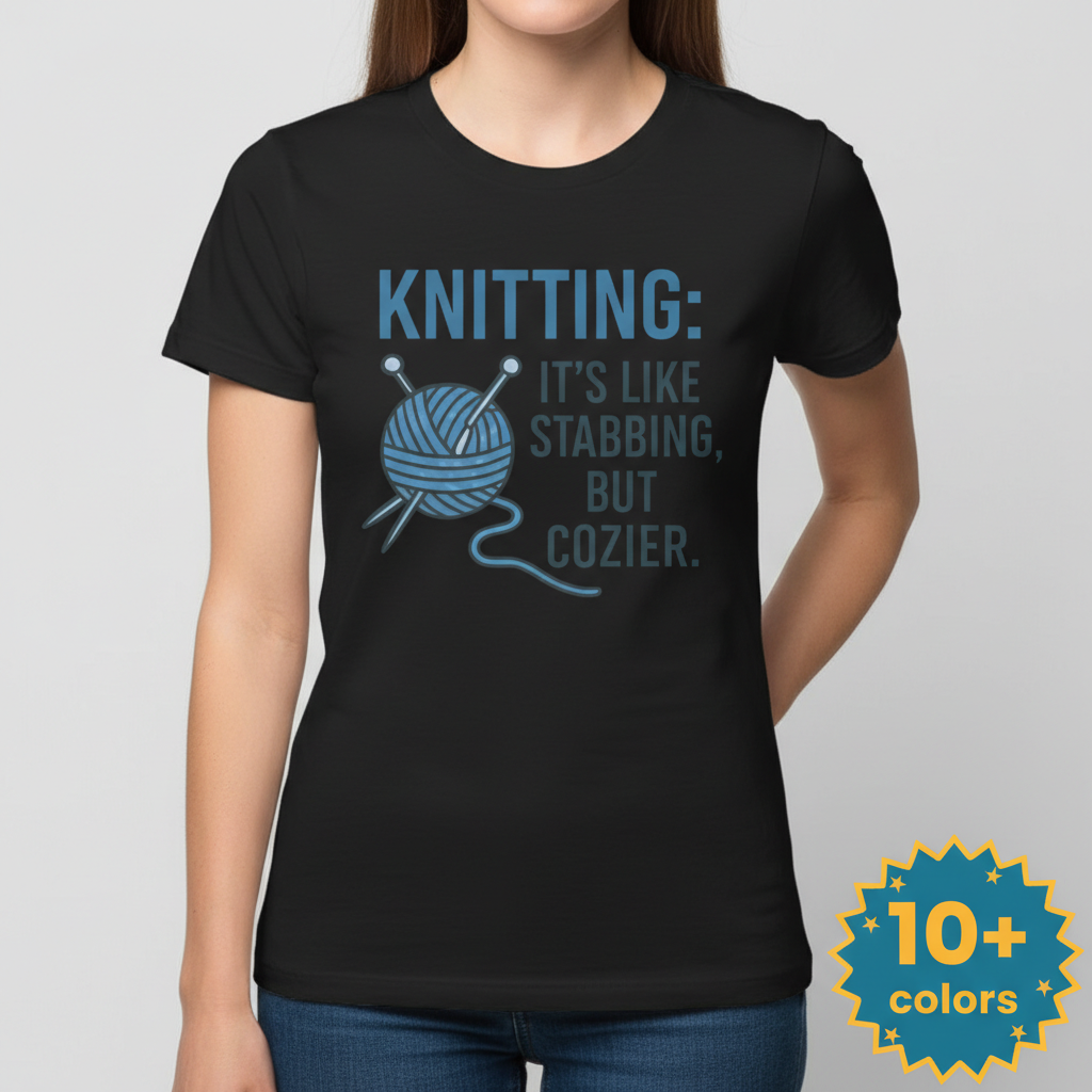 Stabby but Cozy Knitting T-Shirt_badge