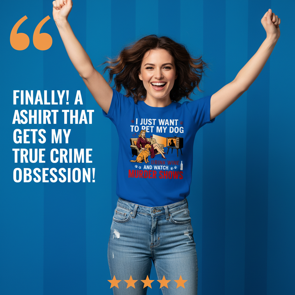 Wine, Dogs & Murder Shows T-Shirt_model_testimonial