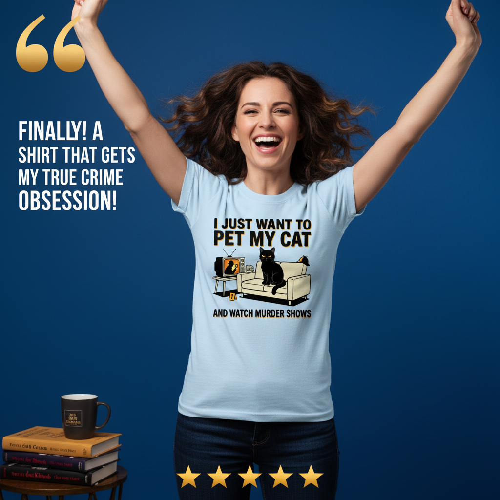 Pet My Cat and Watch Murder Shows T-Shirt_model_testimonial