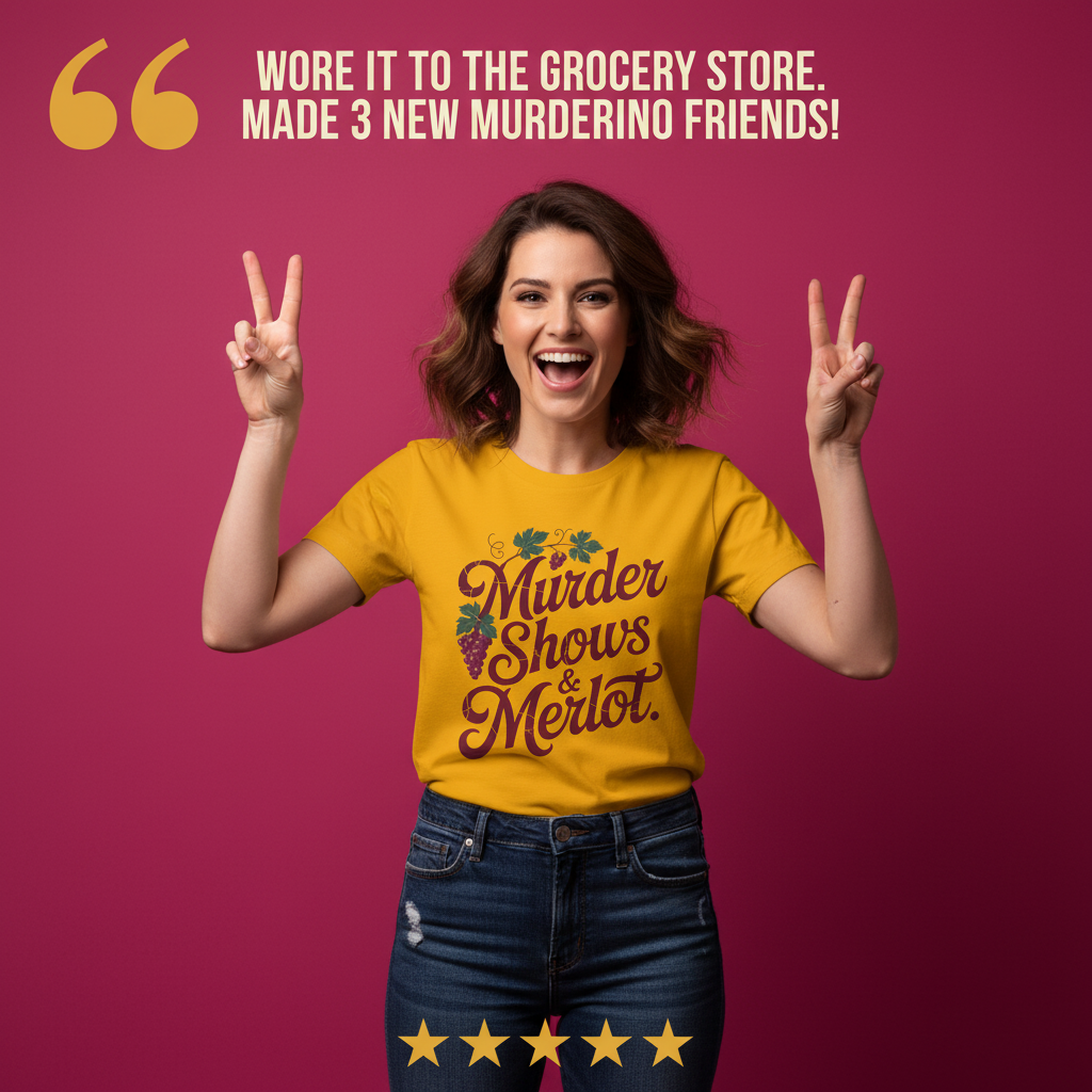 Murder Shows & Merlot T-Shirt_model_testimonial