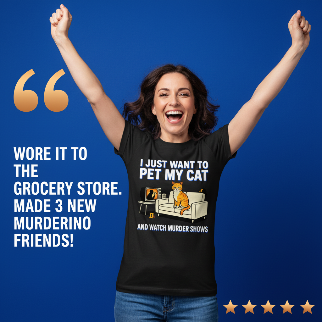 Pet My Cat and Watch Murder Shows T-Shirt_model_testimonial