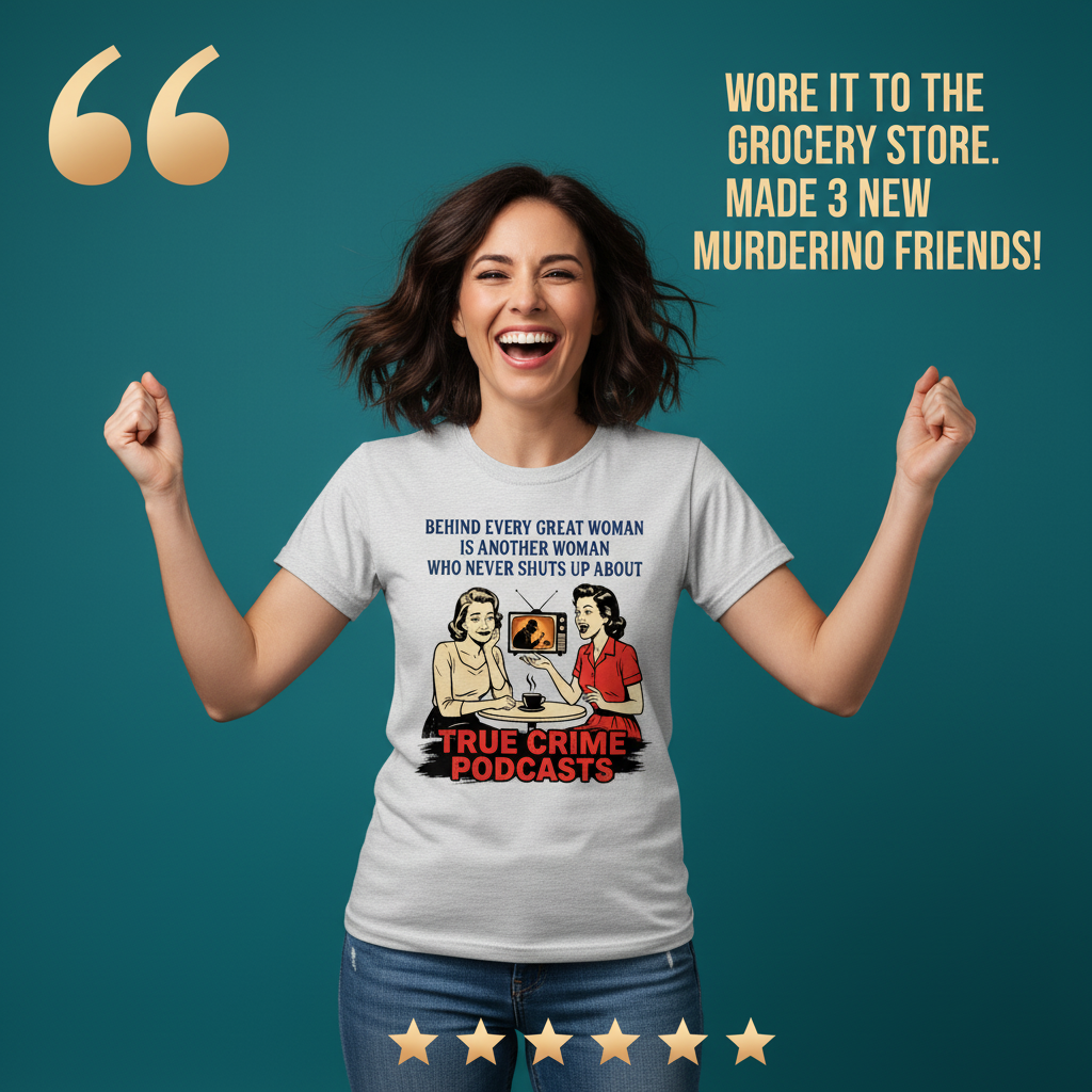 True Crime Podcast Chat Queens T-Shirt_model_testimonial