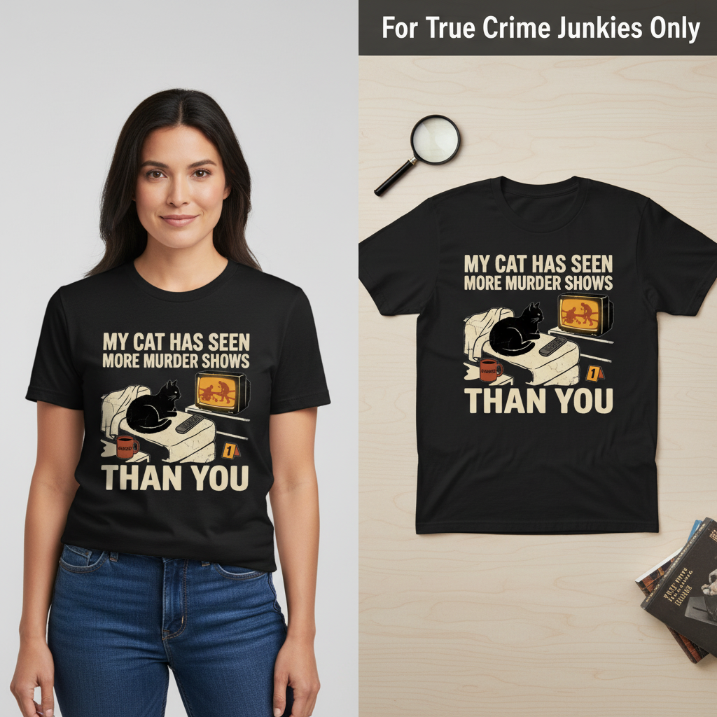 Murder-Show-Loving Cat T-Shirt_model_flat