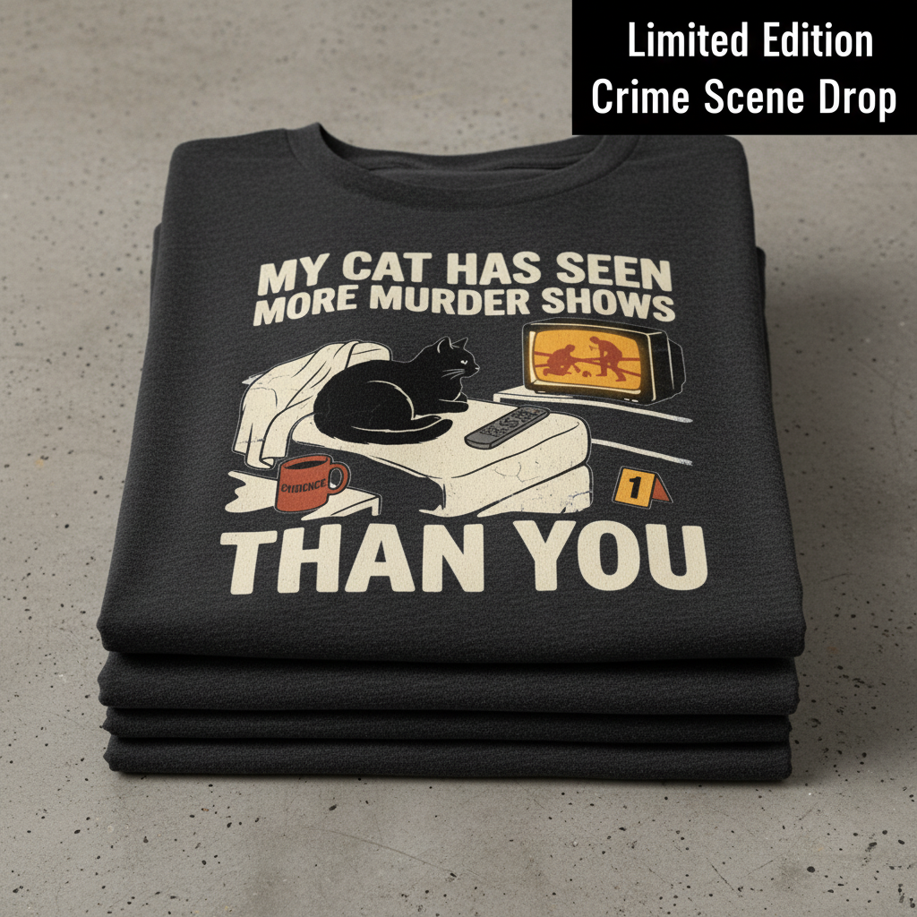 Murder-Show-Loving Cat T-Shirt_stacked_flatlay