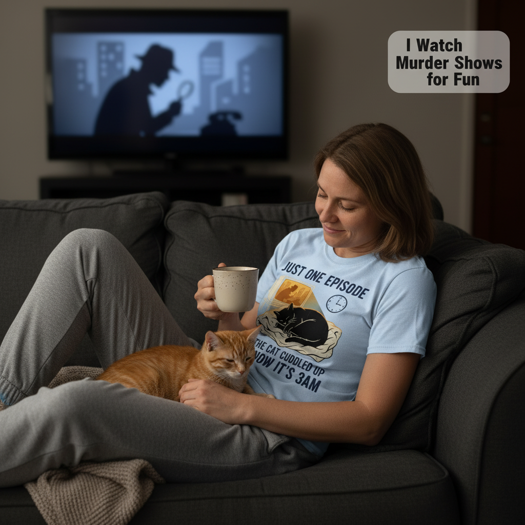 Late-Night Cat Cuddle Crime Binge T-Shirt__use