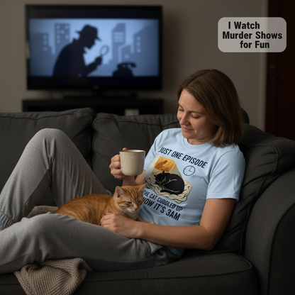 Late-Night Cat Cuddle Crime Binge T-Shirt__use