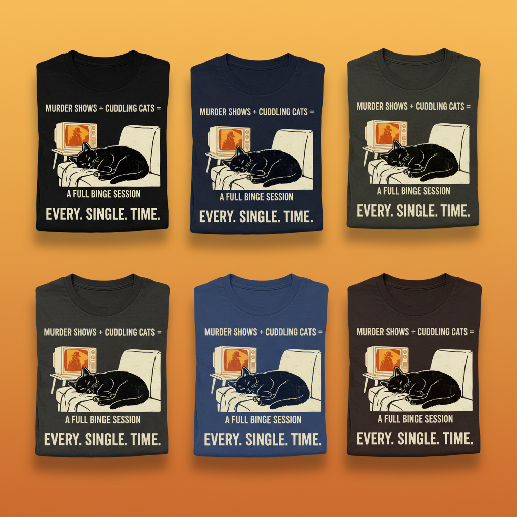 Murder Shows and Cuddly Cats T-Shirt_6color_grid