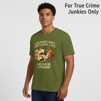 Murder Shows, Cats & Cozy Vibes T-Shirt__hero